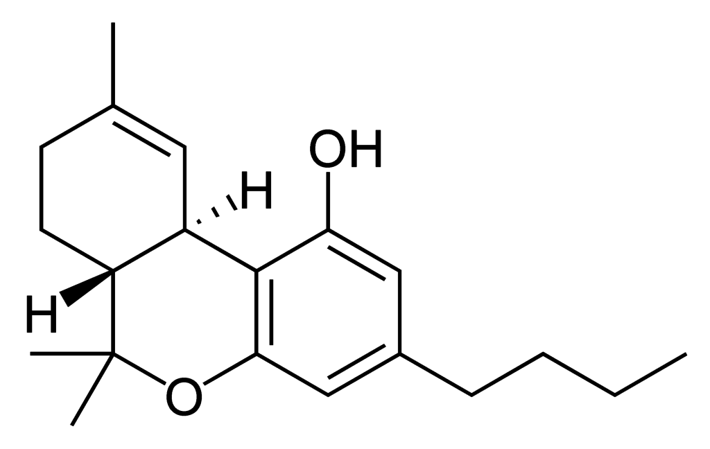 The THC molecule, structurally identical to cannabinol save for the extra hydrogen atoms