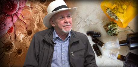 Rick Simpson en moleculen, capsuled en kruidencannabis op de achtergrond