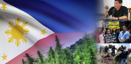 The flag of the Philippines, cannabis plants, and images of the 'war on drugs'