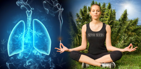 Woman sitting and holding a lit joint with lugs and cannabis in the background