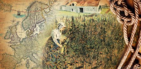 An old map of Europe and a woman working in a hemp field