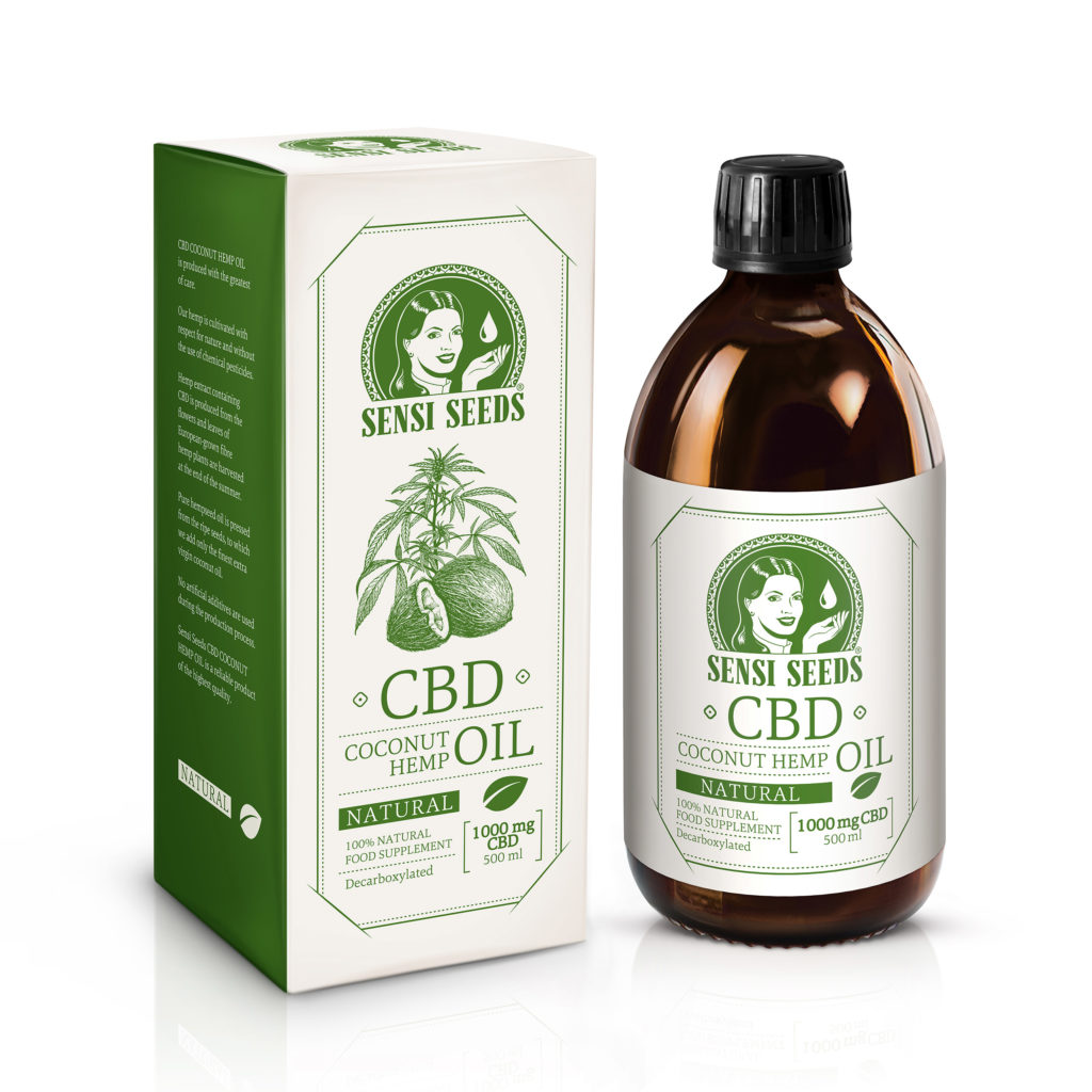 Een fles en een pakket van 1000 mg CBD Coconut Hennepolie