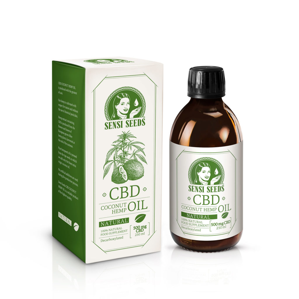 Een fles en een pakket van 500 mg cbd coconut hennepolie