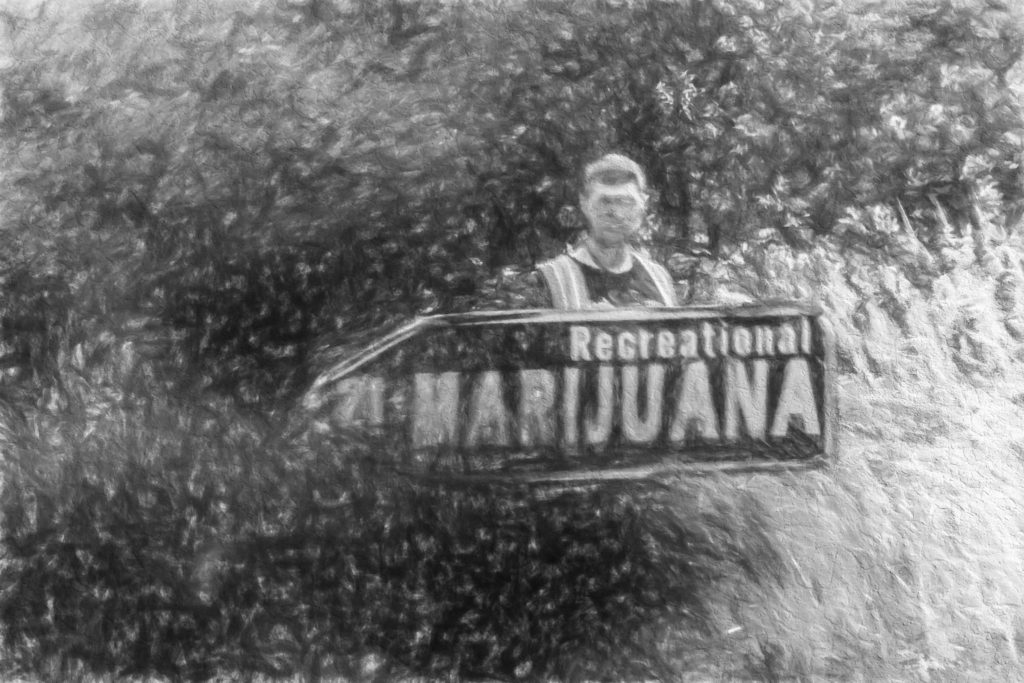 Eine schwarz-weiße Kohlezeichnung eines Mannes hinter einem großen pfeilförmigen Schild mit der Aufschrift „Recreational Marijuana“