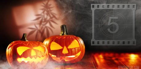 Twee Halloween -pompoenen met een silhouet van een cannabisplant en een filmnummer achter