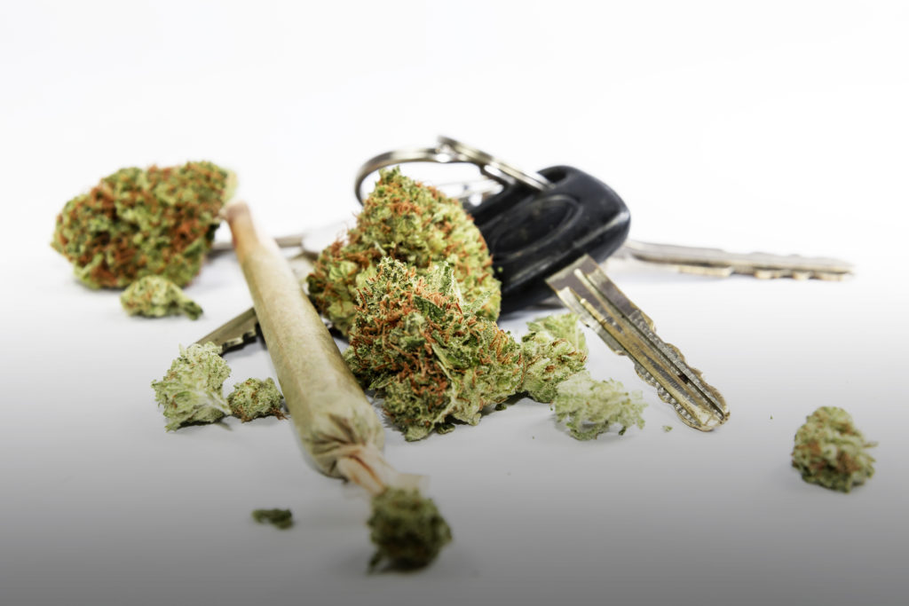 Primer plano de un porro de cannabis, unos cogollos de cannabis podados y recortados, y las llaves de un coche sobre un fondo blanco.