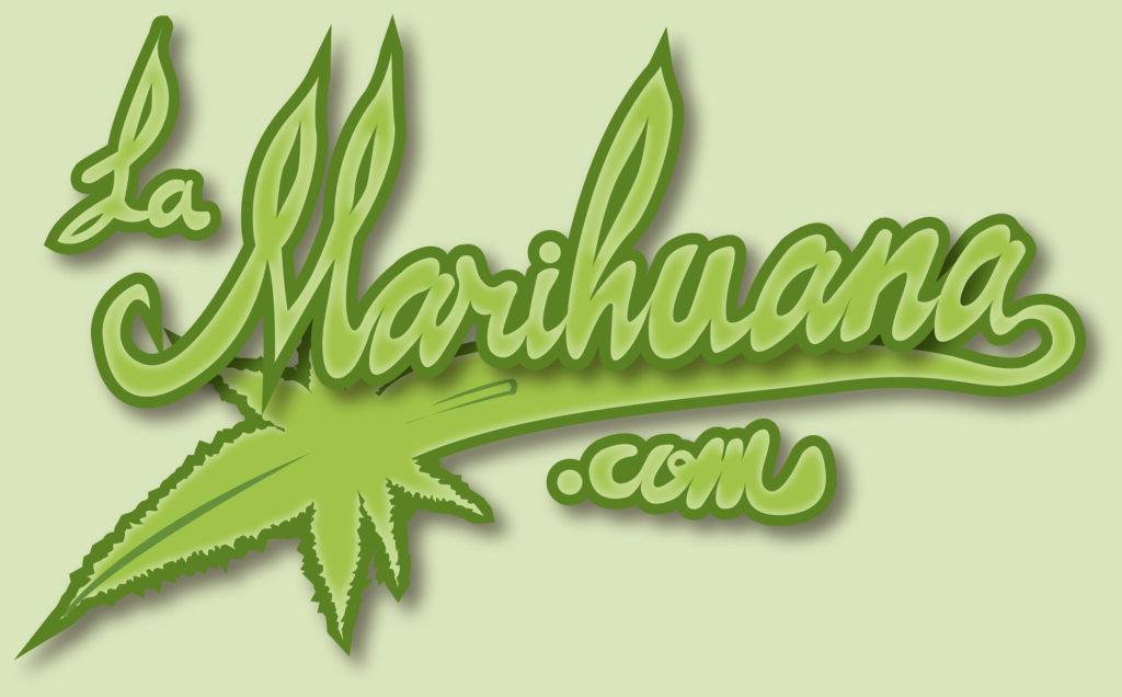 Gráfico del logotipo de Lamarihuana.com, que es las palabras de la página web escritas en cursiva, con la letra "a" que se extiende como un subrayado y que termina como una hoja de marihuana.