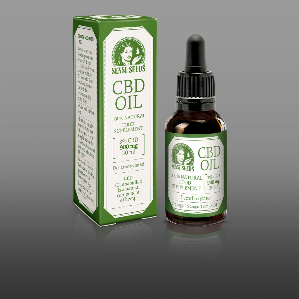 Sensi Seeds CBD oil package and bottle