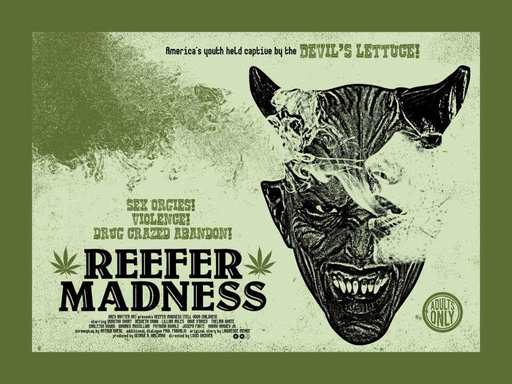 Een poster voor "Reefer Madness" met een duivel aan de voorkant