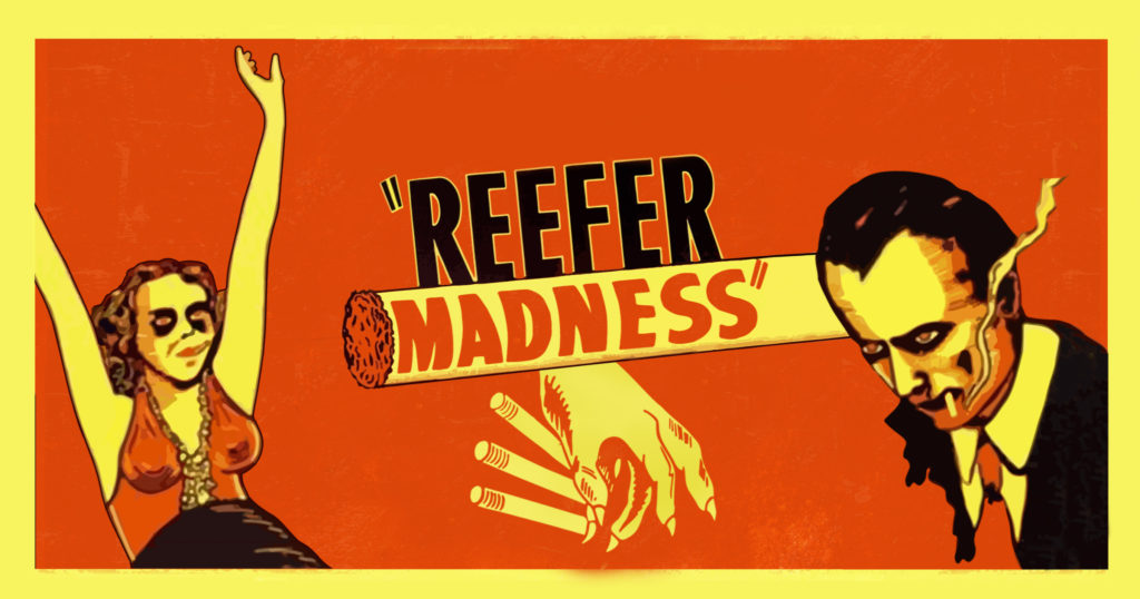 Een poster voor "Reefer Madness" met een vrouw en een man roken