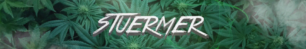 A background of dark green cannabis leaves with the title Stuermer written in white capital letters