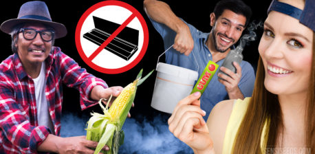 Two men and a woman holding alternatives for smoking papers