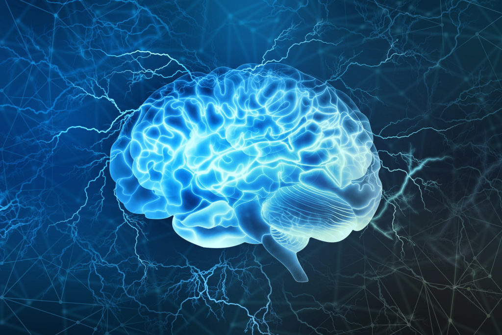 Animated illustration of a brain in blue with lightnings in the background