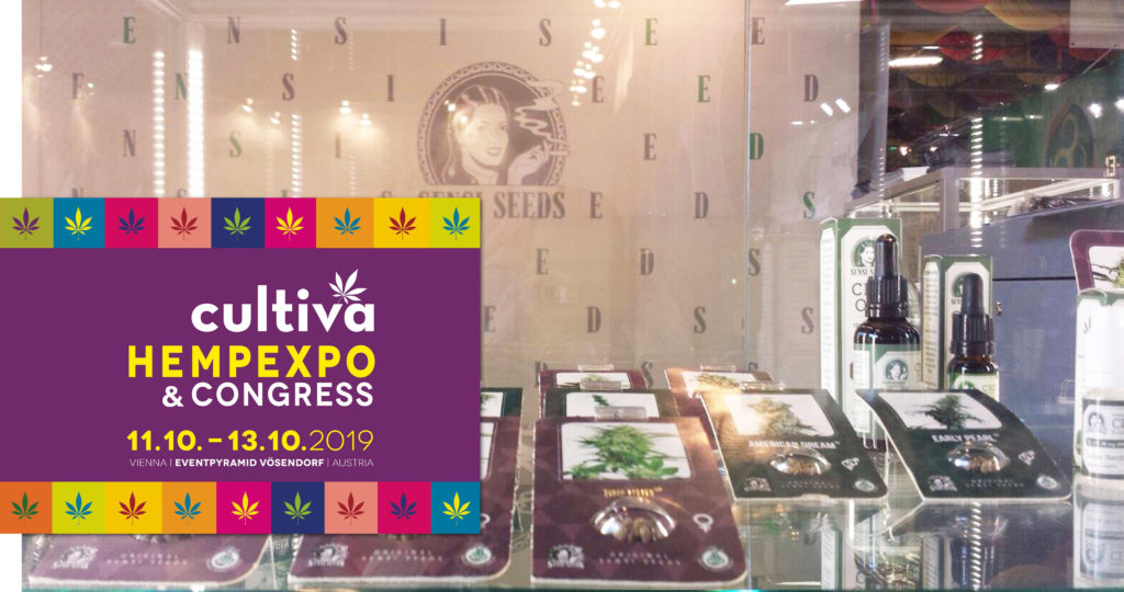 A display with cannabis products at the Cultiva exhibition