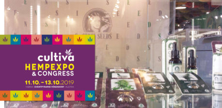 A display with cannabis products at the Cultiva exhibition