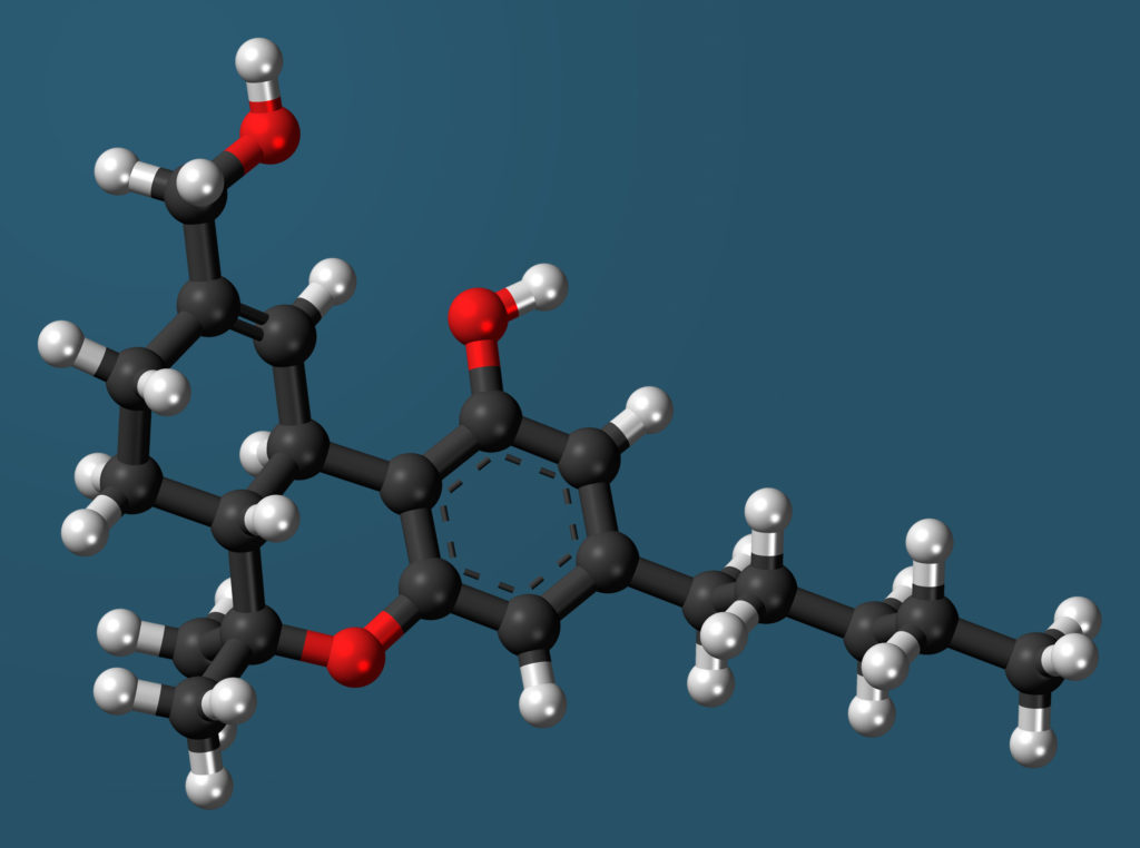 Una molécula de THC contra el fondo azul.