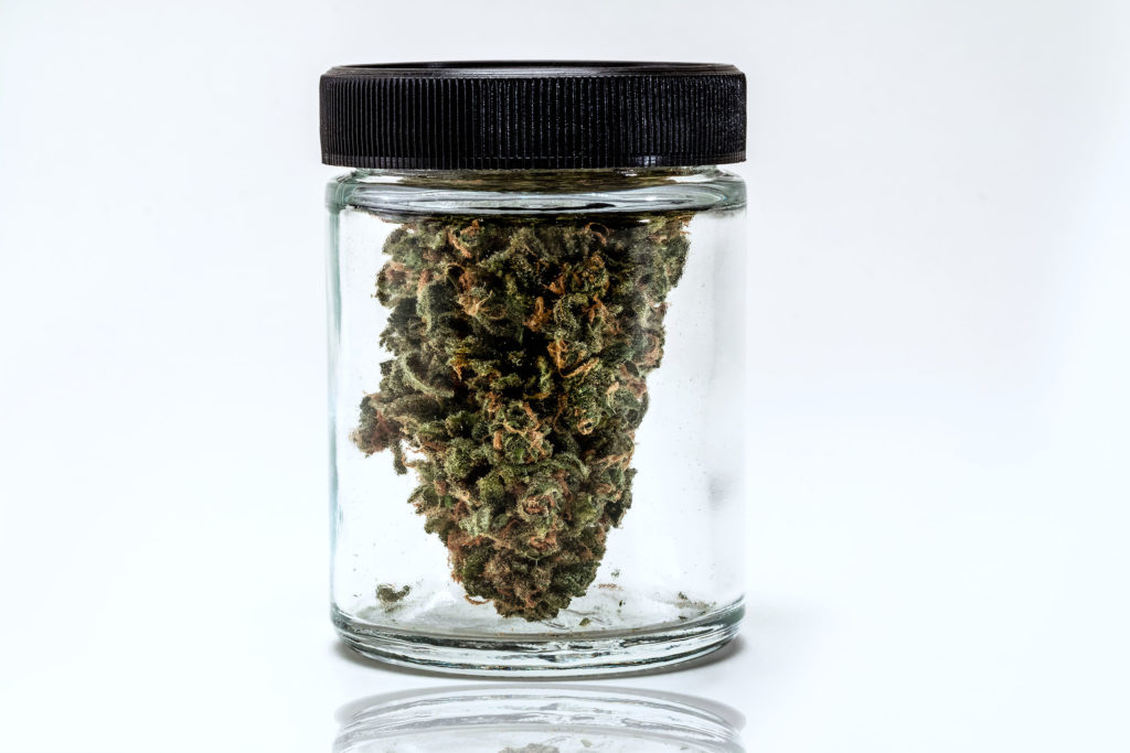 A small glass jar with a black lid with a cannabis bud inside