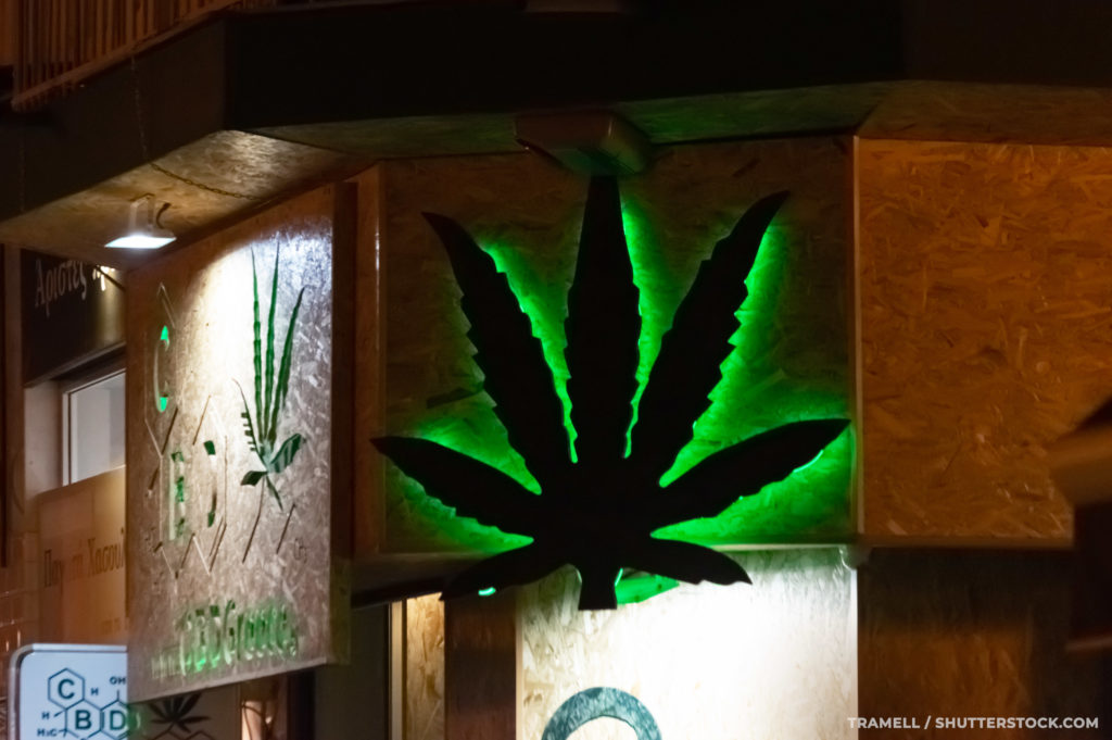 A neon green lit-up cannabis leaf sign 