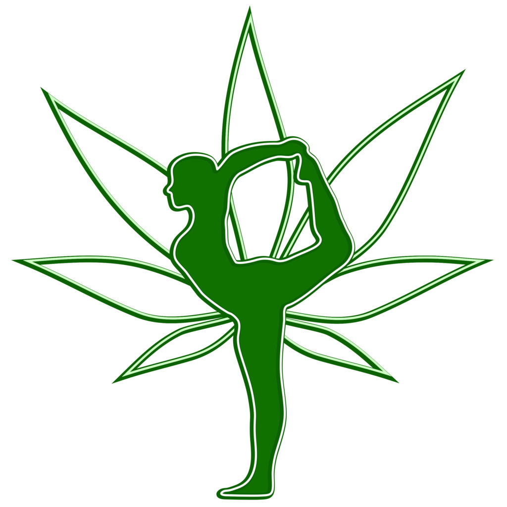 El contorno de una hoja de cannabis y una figura haciendo una pose de yoga.