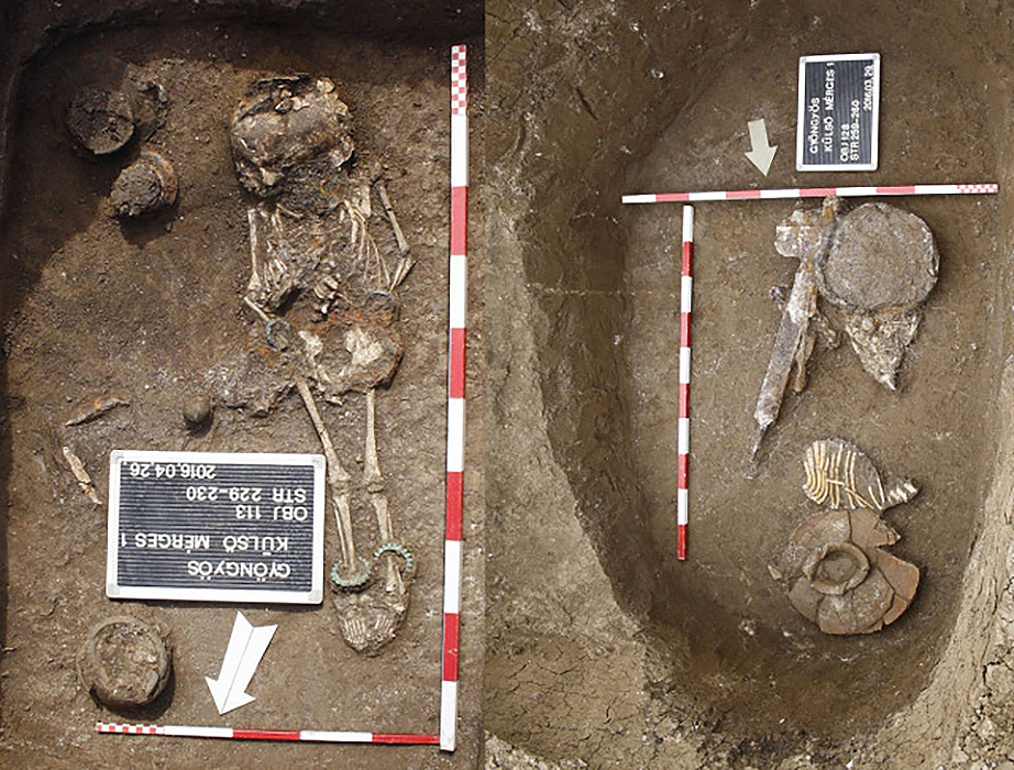 A dug-up burial site with an embalmed body and other objects