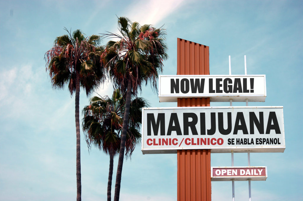 Palm trees and a sign that has written on it: “Legal marihuana clinic”