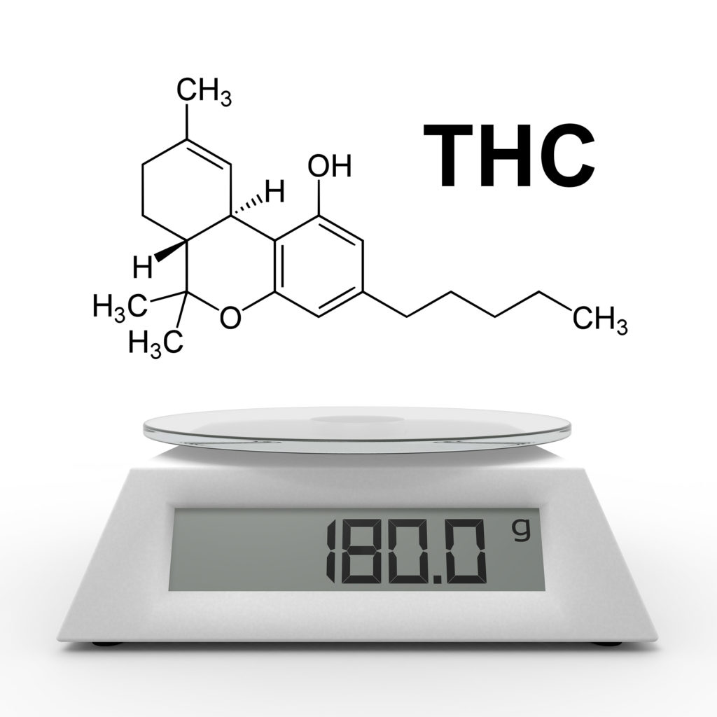 Formule chimique THC et une balance de poids contre le fond blanc