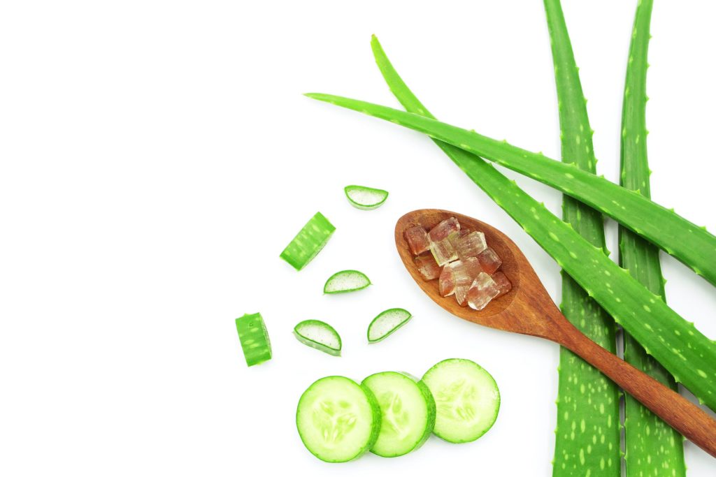 Cuatro hojas de aloe vera, aloe vera en una cuchara de madera y tres rebanadas de pepino.