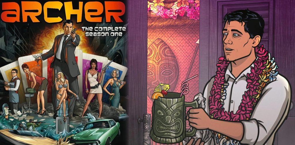 A poster for Archer season one and an animated character wearing a flower necklace