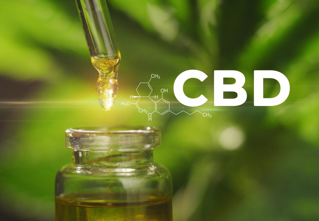 La formule chimique de la CBD et de l'huile de CBD dégoulinant d'une pipette