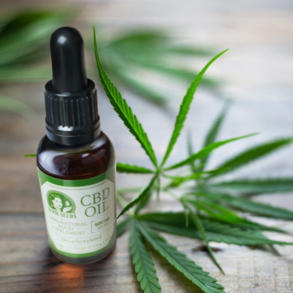 A bottle of Sensi Seed’s cannabis oil and hemp leaves