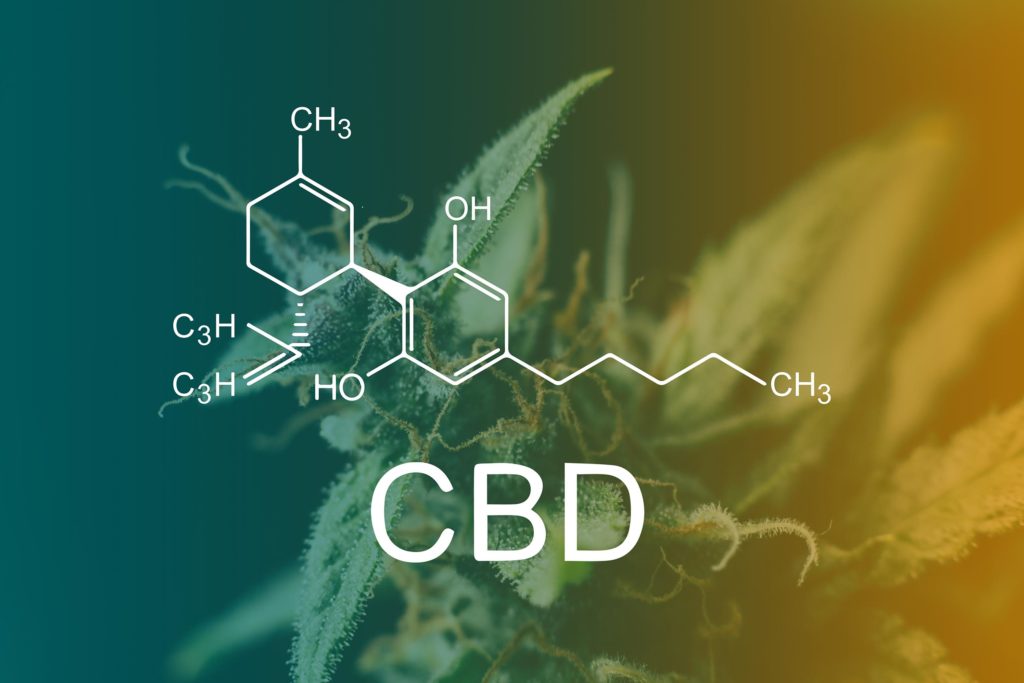 The chemical formula of CBD and a cannabis plant