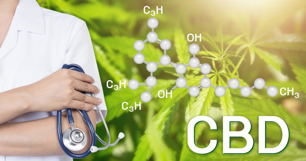 The chemical formula of CBD, cannabis plants, and a doctor holding a stethoscope