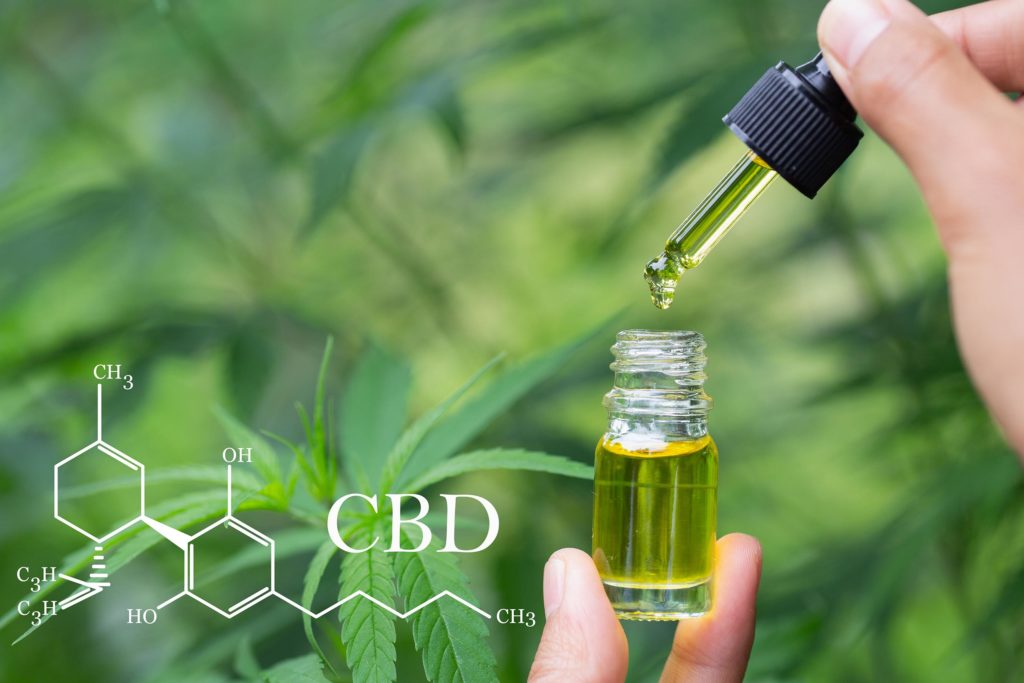 The chemical formula of CBD and CBD oil dripping from a pipette