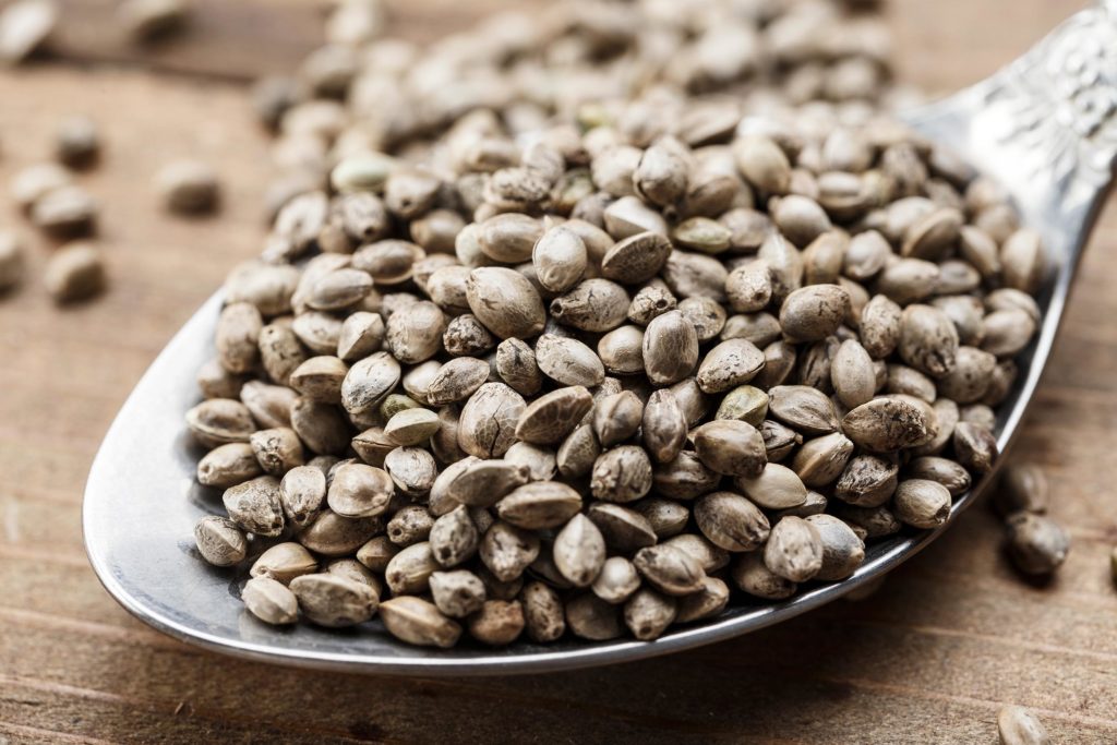 Cannabis seeds in a spoon on a wooden surface