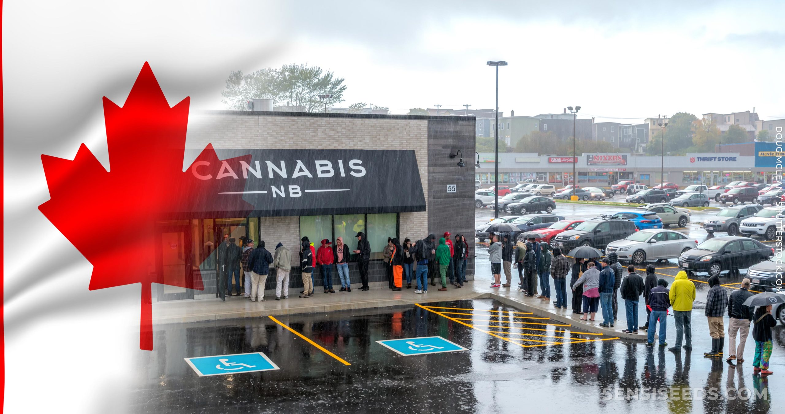 La bandera canadiense y una cola de personas fuera de una tienda de cannabis.