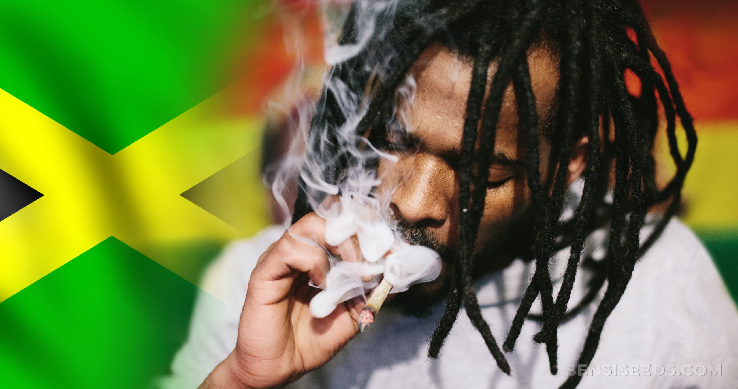 La bandera jamaicana y un hombre con dreadlocks fumando una articulación.