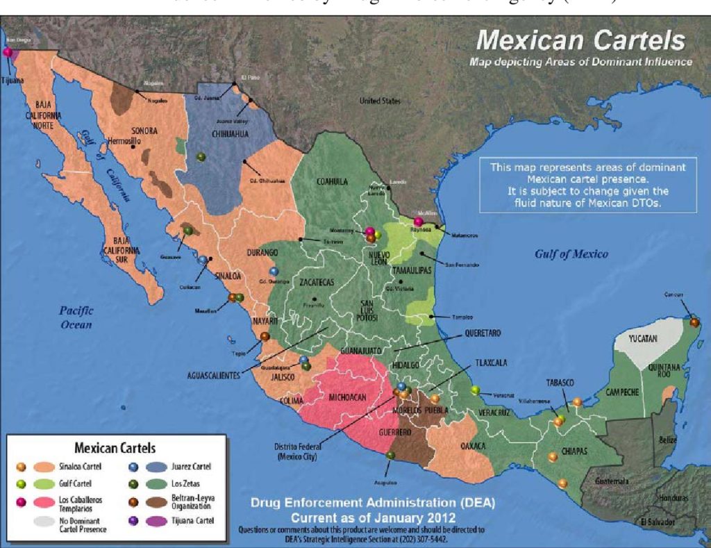 Une carte du Mexique avec des territoires de cartel mexicains