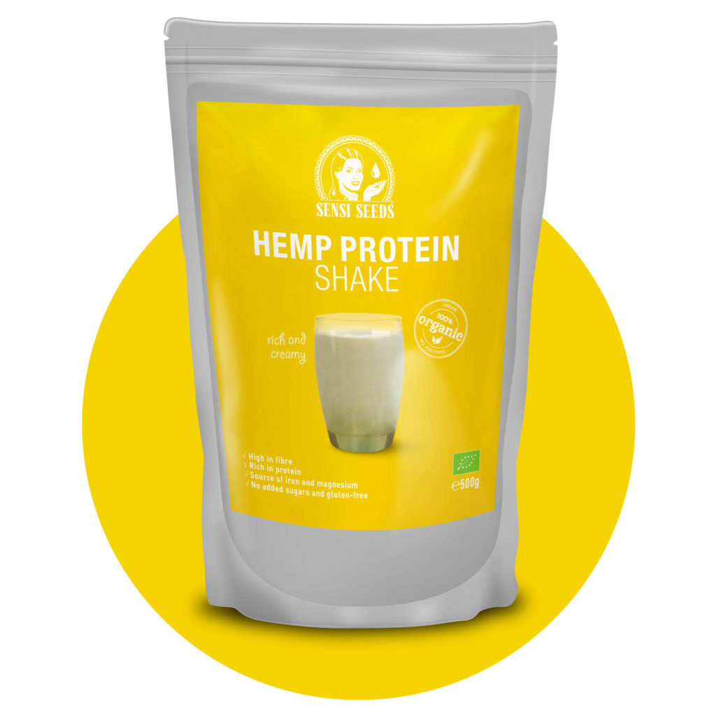 A grey and yellow packet of Hemp Protein Shake with the Sensi Seeds logo