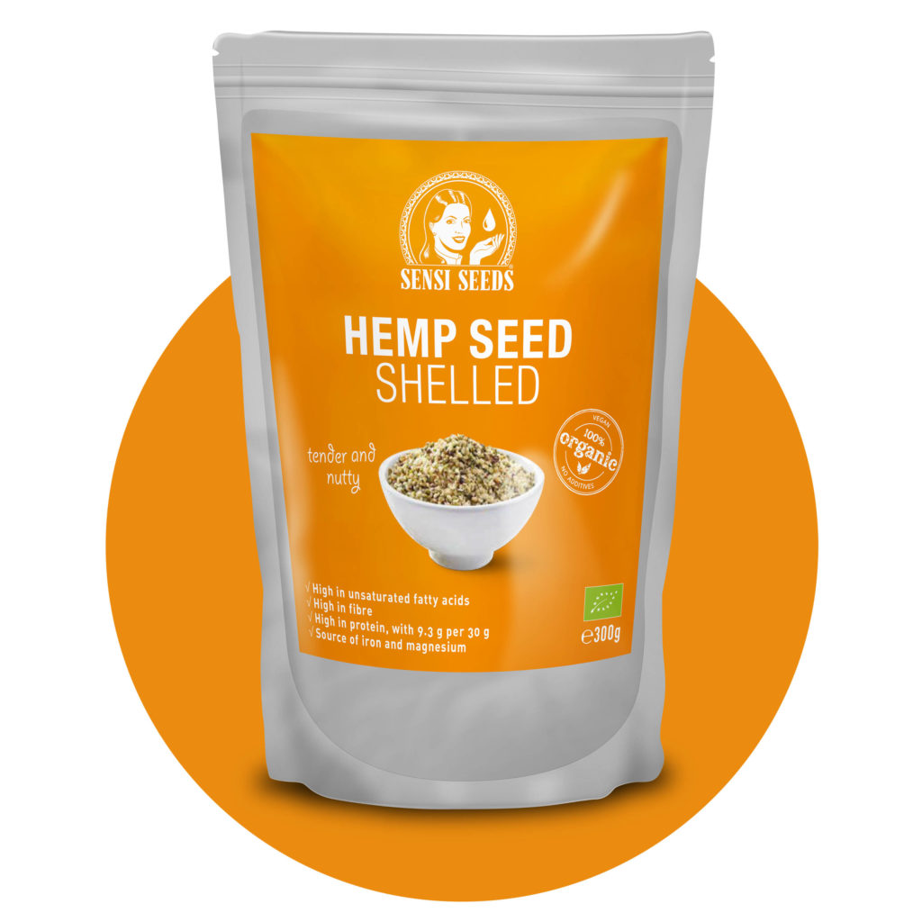 A grey and orange packet of organic shelled hemp seeds with the Sensi Seeds logo