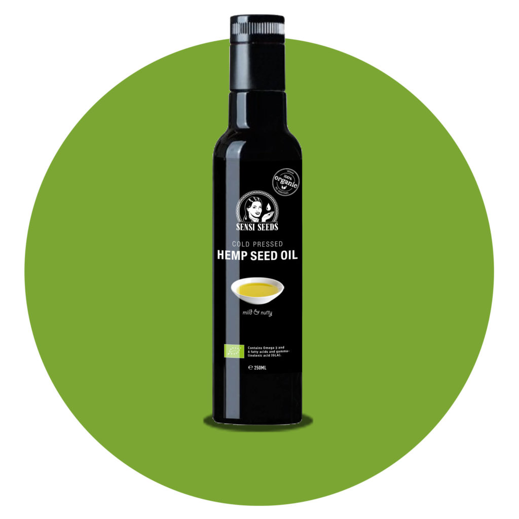 A black bottle of Hemp Seed Oil with the Sensi Seeds logo against a green circle 