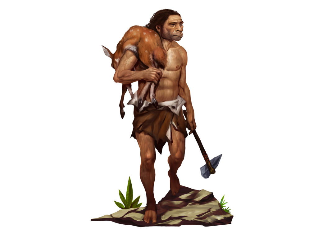 A neanderthal man with a deer over his shoulder holding a weapon