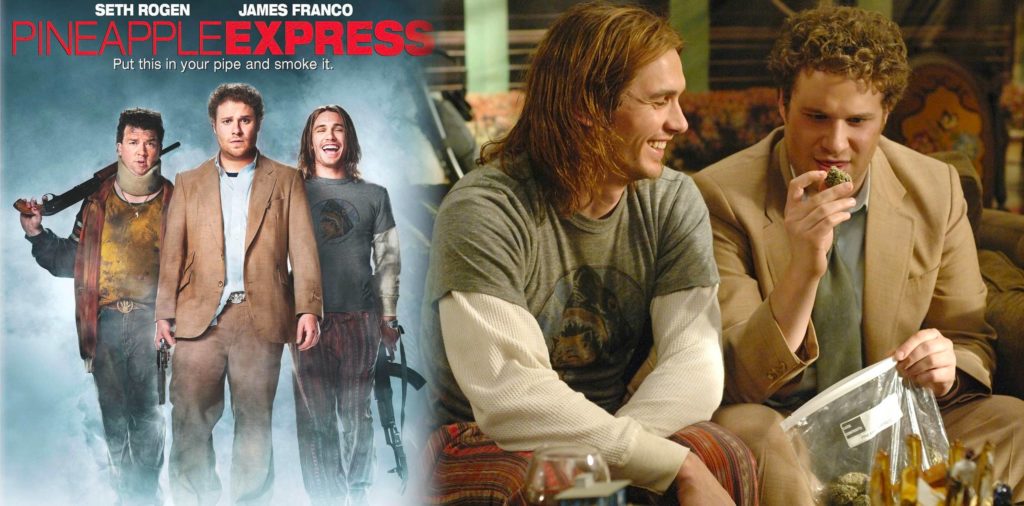 Een filmposter van Pineapple Express en een nog steeds van de film