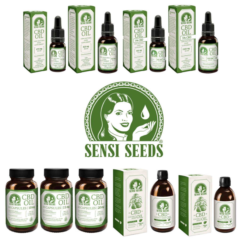 Sensi Seed’s CBD oils and capsules against the white background