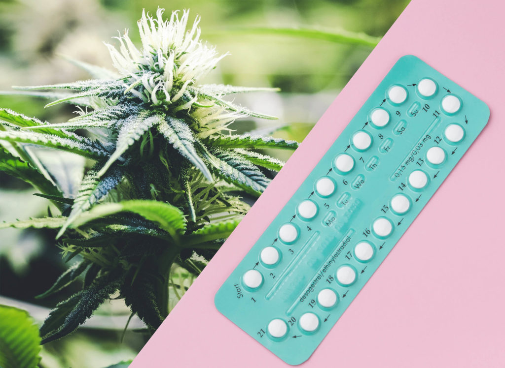 Birth control pills on the right side and a cannabis plant on the left side