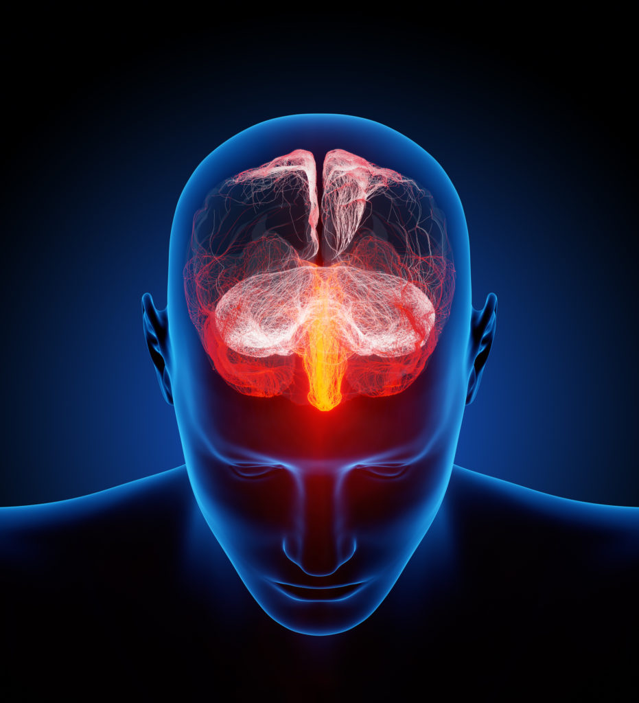 A brain highlighted in white, red and yellow inside a man's head