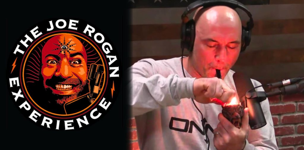 The Joe Rogan Experience logo and Joe Rogan smoking a lit pipe