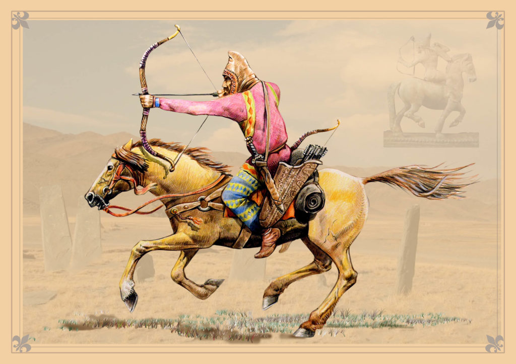 A Scythian wearing a pink jumper riding a horse and holding a bow and arrow