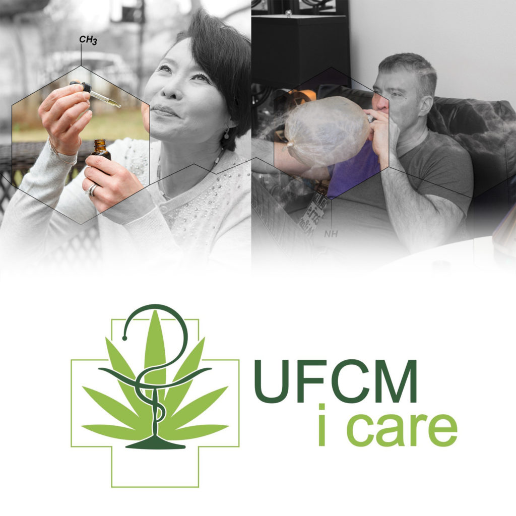 A UFCM I-Care logo and a woman using cannabis oil and a man smoking cannabis