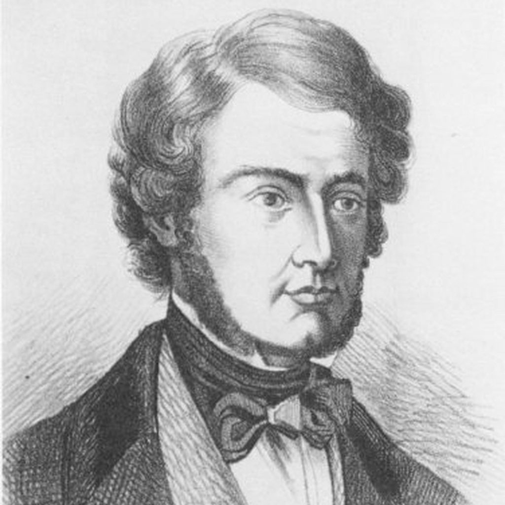 Un dibujo a lápiz blanco y negro retrato de William B. O'Shaughnessy