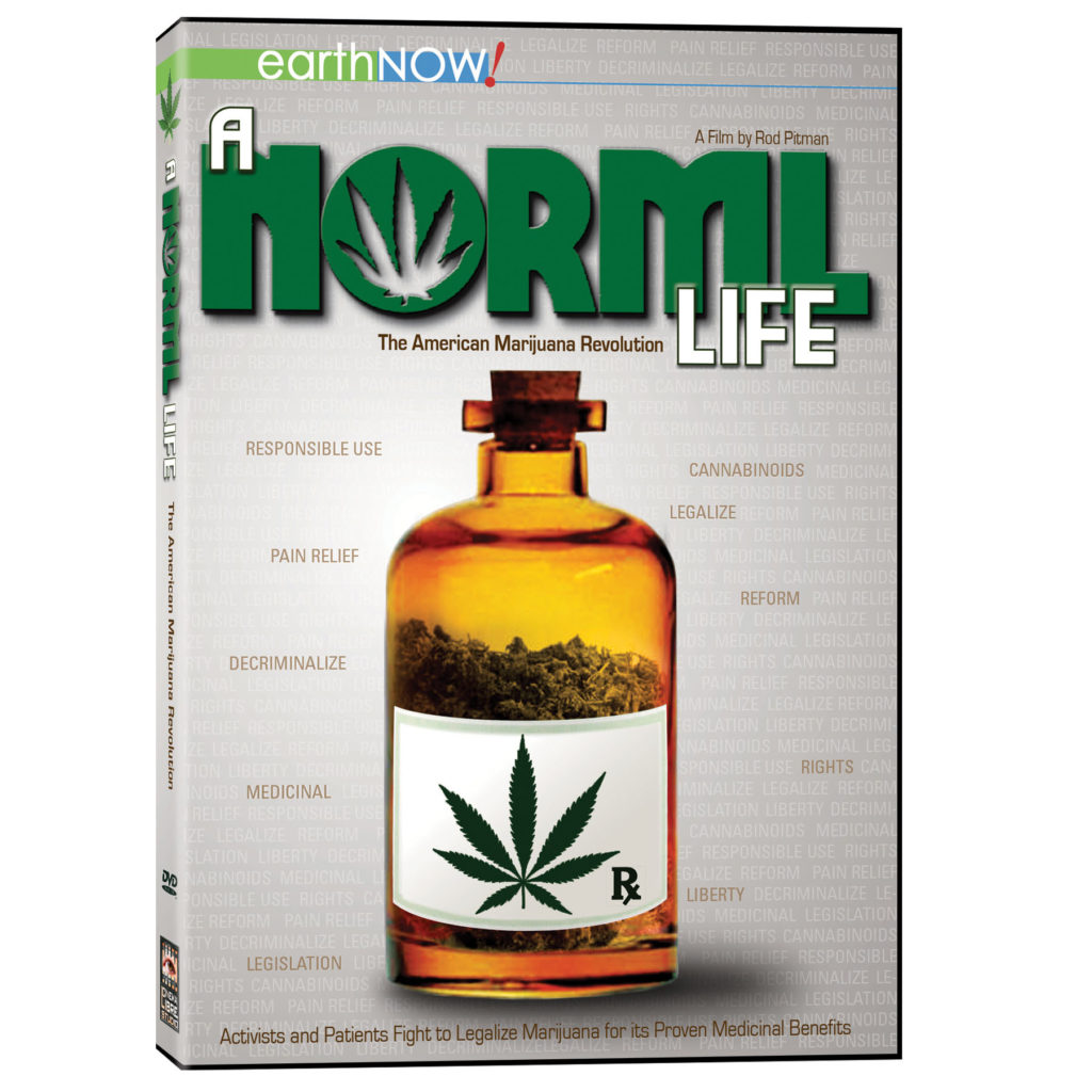 A DVD case with an apothecary bottle full of cannabis on the front